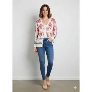 LOFT Floral Print Cardigan Sweater White Pink Orange Black Stripe Trim Size M